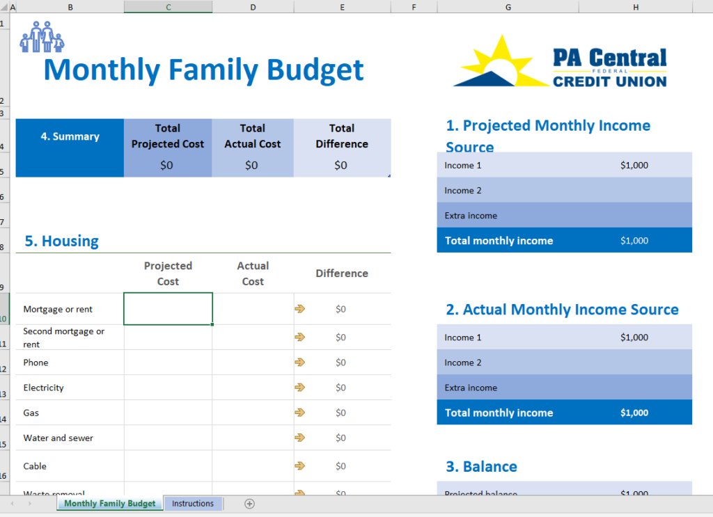 PA Central Monthly Family Budget sample document